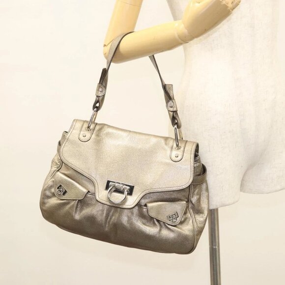 Salvatore Ferragamo Gancini Bag Leather Champagne Gold Silver Auth - Picture 1 of 16
